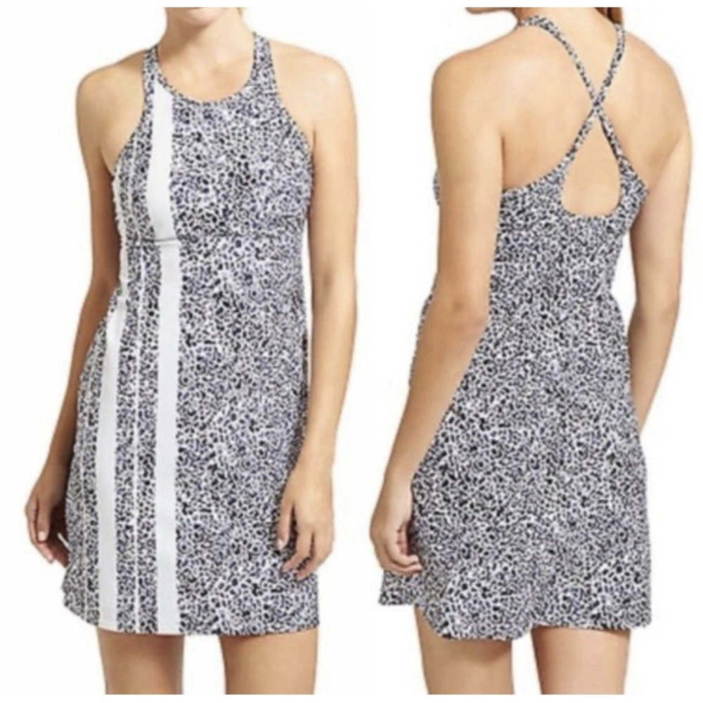 Athleta Leopard Print Athletic Dress Womens 34 B/C Blue White Racerback Mini